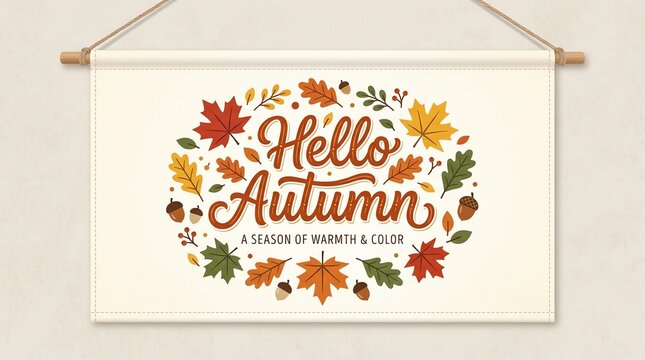Hanging canvas banner with hello autumn lettering and foliage illustration