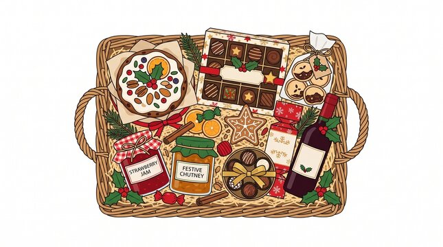 Festive Christmas Hamper: A woven basket overflowing with holiday treats, including a fruitcake, chocolates, cookies, jams, and a bottle of wine, adorned with festive decorations.