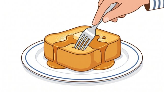 Golden Toast Delight: A fork pierces a warm slice of buttered toast, drizzled generously with golden syrup, presented on a classic white plate.