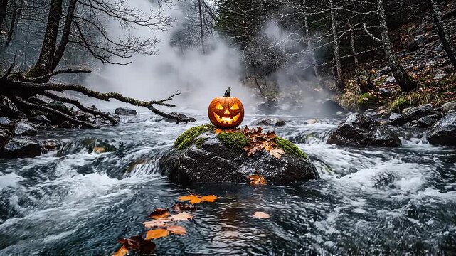 Halloween Jack O Lantern Pumpkin On Mossy Rock In Fast Flowing River Rapid Surrounded By Foggy Autumn Forest Video Footage