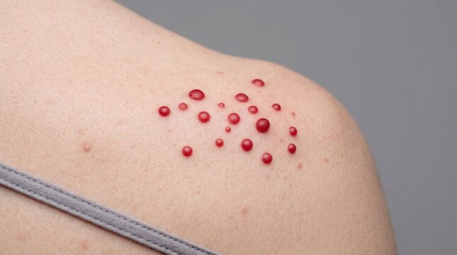 Close Up Of Red Papules And Vesicular Rash On Shoulder Skin