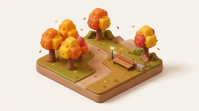 Isometric 3d render of a cozy autumn park scene with trees path bench and lamp