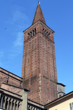 red brick bell tower of Piacenza Cathedral, Italy