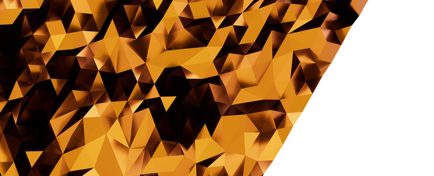 Abstract golden low poly background with geometric triangles and diagonal black space for text.