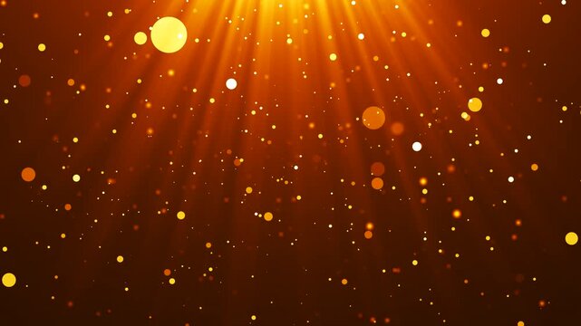Bright sunlight penetrates the warm orange space, filling the animation with a golden glow. Numerous glowing particles and soft highlights create an atmosphere of warmth, energy, and celebration. 4K 
