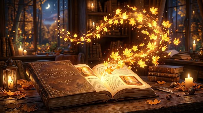 Magical autumn story book glowing with golden swirling leaves in a cozy room