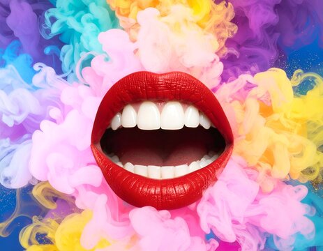 Open red lips with bright white teeth against a colorful, billowing smoke background