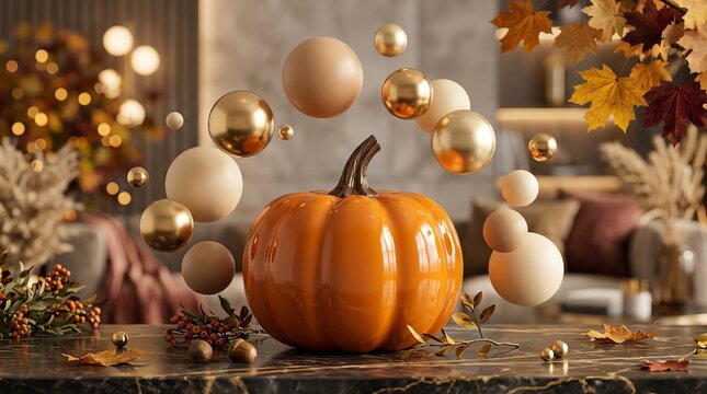 Orange glossy ceramic pumpkin surrounded by floating spheres and fall foliage on dark marble table