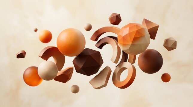 Modern abstract 3d geometric shapes floating in warm beige and terracotta tones