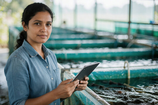 Indian woman with tablet at aquaculture fish farm