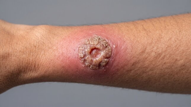 Close Up Of Keratoacanthoma Or Squamous Cell Carcinoma Skin Lesion With Central Plug On Arm
