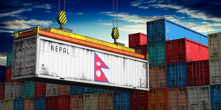 Nepal - cargo container lifted by crane in terminal - international trade and logistics concept - 3D illustration