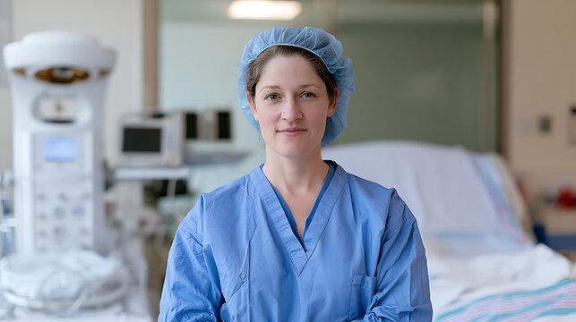Professional female doctor stand in hospital room with medical equipment and patient bed wear blue scrub and hair net in healthcare clinic