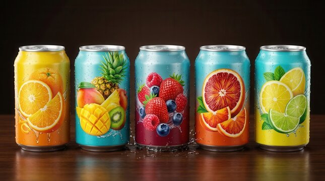 Colorful soda cans decorated with fruit and water splashes on a wooden surface