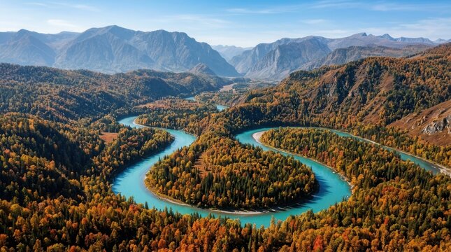 Winding blue river meander in mountains with sunlight and forest trees, an aerial photo of an Altai Russia autumn landscape.
