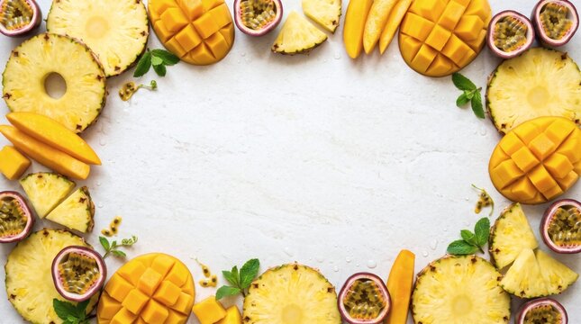 Frame of fresh tropical fruits including pineapple mango and passion fruit on white background.