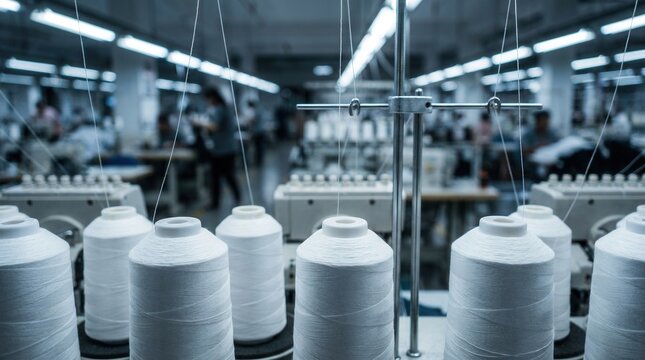Rows of industrial sewing machines and fabric rolls inside a professional textile mill for clothing manufacturing.