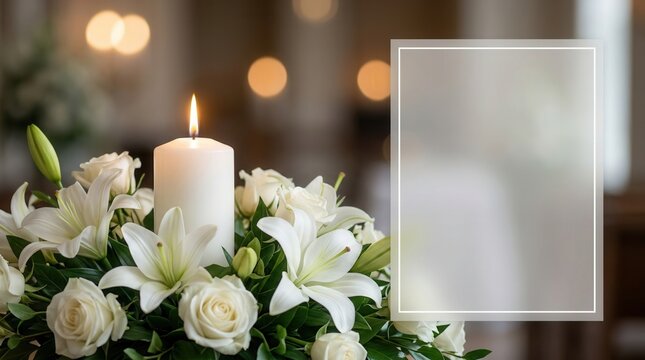 White flowers and a burning candle in a condolence background, serving as a funeral card template with copy space.