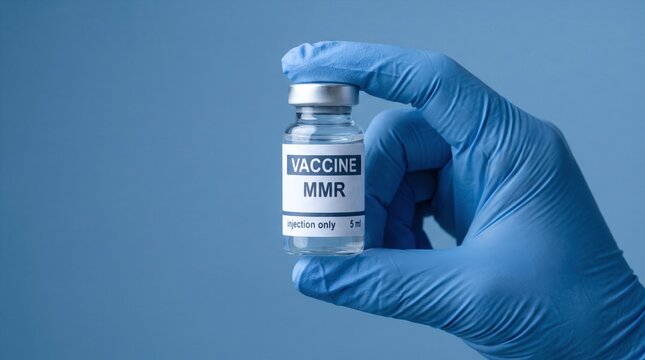 mmr vaccine vial held by a medical professional in blue gloves.