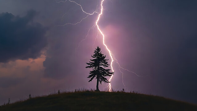 A lone tree on a hill struck by lightning during a storm.