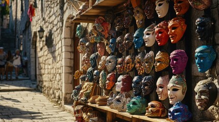 Fototapeta premium colorful masks on display in a street market