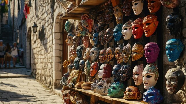 colorful masks on display in a street market