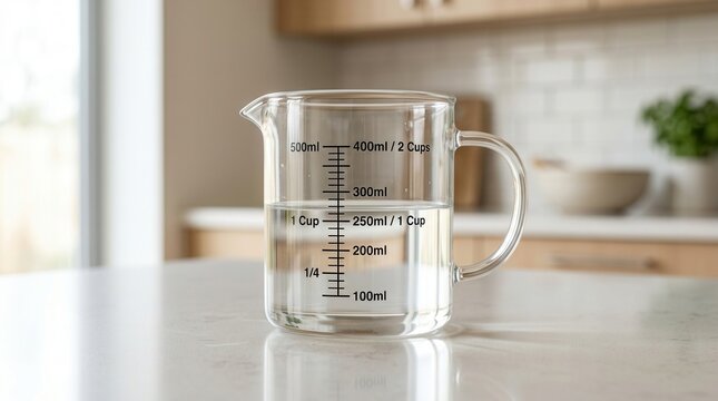 Water inside a glass measuring cup on a clean kitchen counter surface