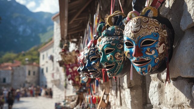 Colorful Venetian Carnival Masks Displayed at Mediterranean Street Market