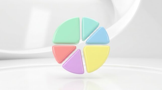 Minimal graphic business data analysis 3d rendering showing pastel colorful pie chart slices floating on a white glossy background financial statistics infographic element