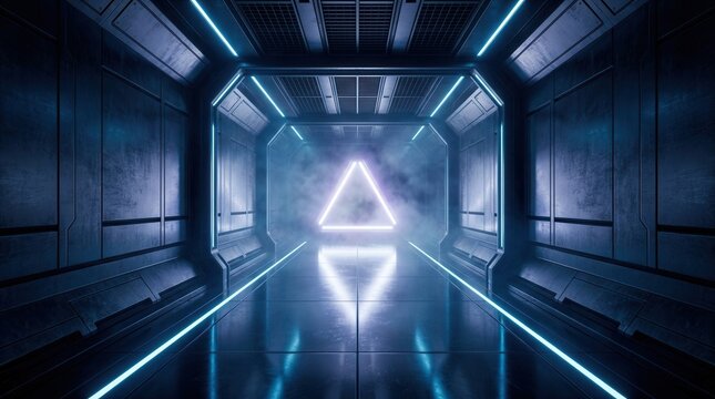 Abstract blue and white light lines in a high tech corridor with a glowing alien spaceship and triangular fog