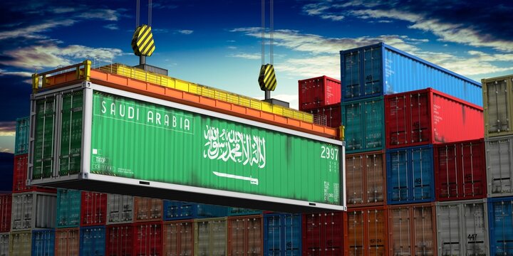 Saudi Arabia - cargo container lifted by crane in terminal - international trade and logistics concept - 3D illustration