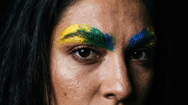 Close up face with colorful paint stripes and intense expression