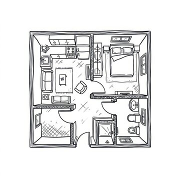 Top down view of a small apartment floor plan sketch