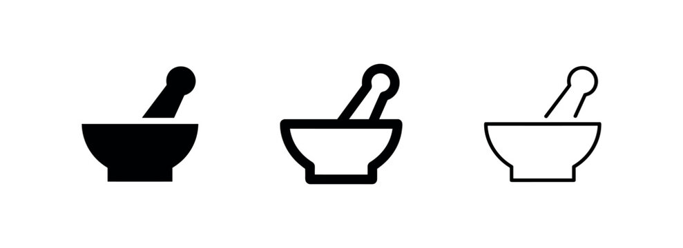 Mortar and pestle icon set. Pharmacy, medicine, cooking, and grinding tool symbol in three styles.
