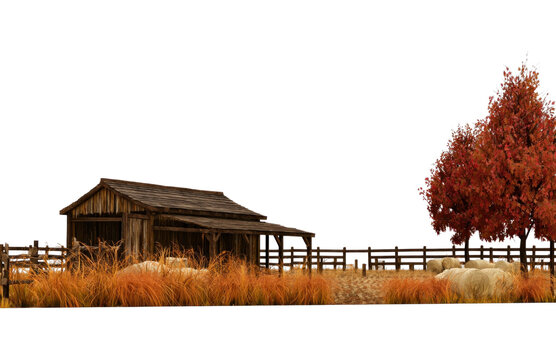 PNG Rustic autumn barn landscape with red tree and grazing sheep, transparent background