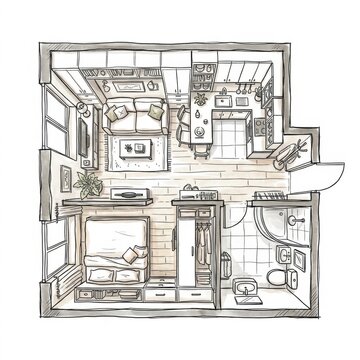 Hand-drawn architectural floor plan of a studio apartment