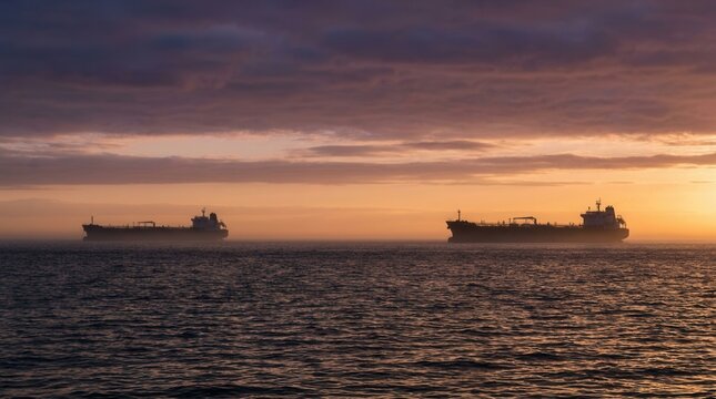 Waiting for channel strait unblocking, oil tanker ships float idle on a calm ocean horizon at sunset