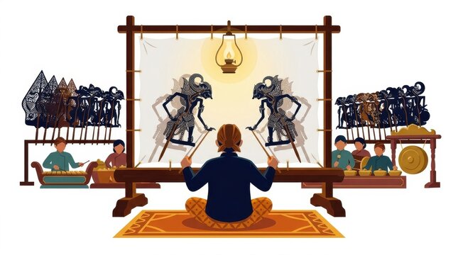 Traditional Indonesian wayang kulit shadow puppet show illustration