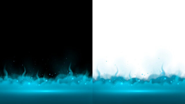 Glowing blue smoke or liquid swirls on split black and white backgrounds for visual effects