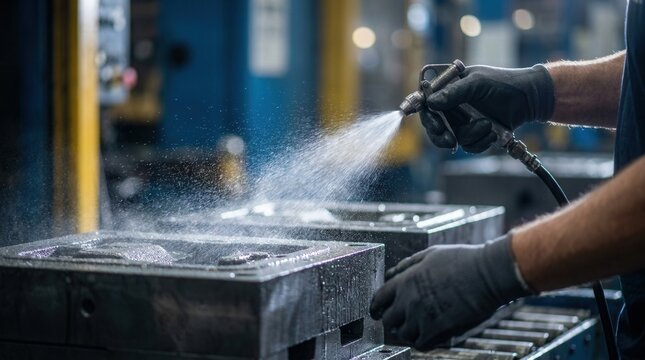 Medium shot of a worker applying release coating to graphite molds to ensure smooth metal flow in die casting precision manufacturing.