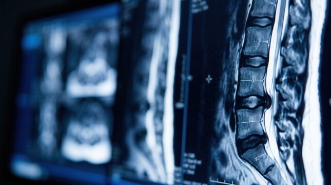 MRI scan showing vertebrae with disc protrusion in the spine