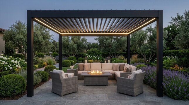 An outdoor luxury experience within an upscale garden setting featuring adaptable aluminum pergolas