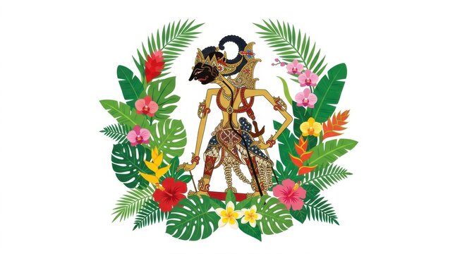 Traditional Indonesian shadow puppet with tropical floral frame