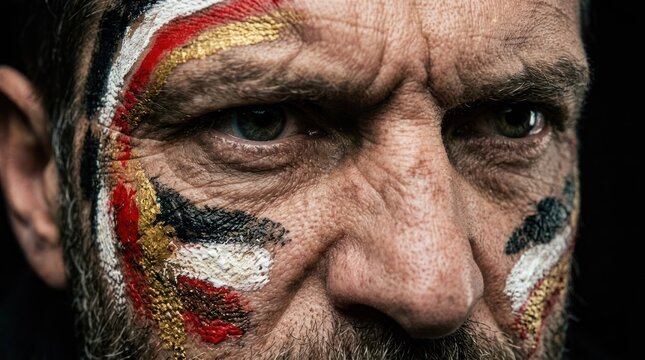 Close up of determined older man with face paint and gritty battlefield look