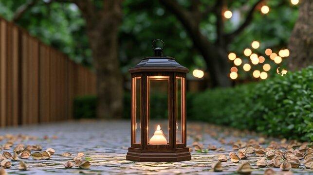 Outdoor lantern with candle light on stone path with fallen leaves and string lights in background