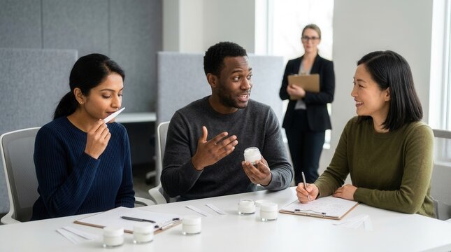 Diverse adults participating in a fragrance product focus group discussion with a moderator