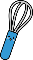 Fototapeta premium Cartoon whisk with a blue handle and facial features on a white background