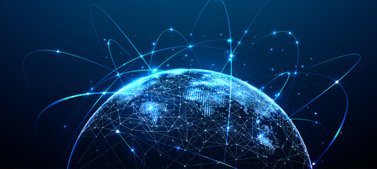Fototapeta na wymiar Digital world map with glowing network connections on blue globe surface, featuring orbital lines and illuminated dots above curved Earth horizon. Futuristic global communication concept. Vector 