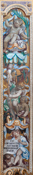 Novara - The fresco of angels with the symbols of Old testament scenes in the church Basilica di San Gaudenzio by  by Paolo Camillo Landriani (1562 &ndash; 1618).