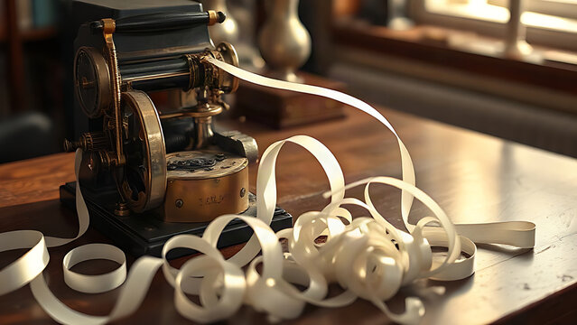 Vintage telegraph machine on a wooden desk with paper tape spooling onto the floor.